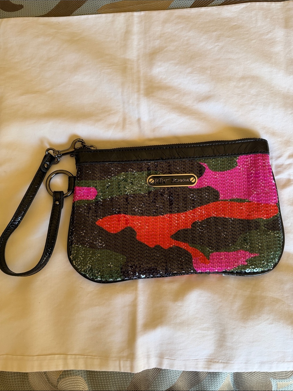 Betsey Johnson Pink, Green & Red Camo Sequin Wristlet